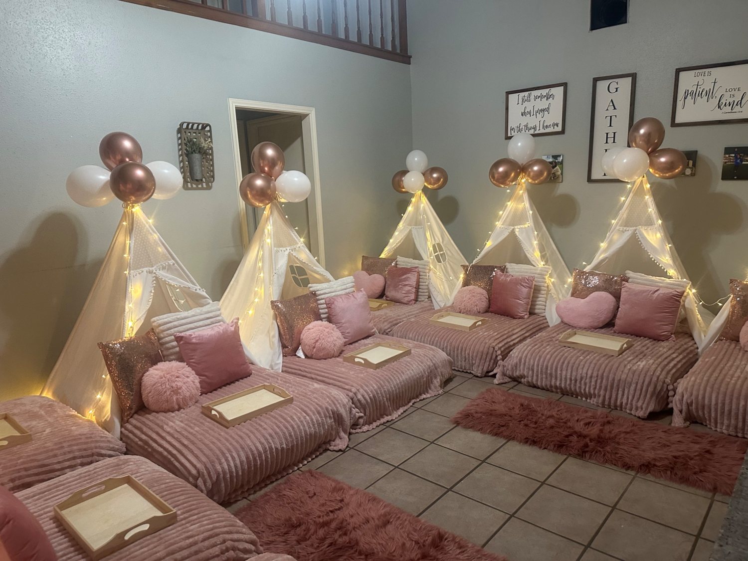 Blush pink teepee sleepover setup by Houston Teepee Partys